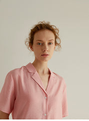 Short Sleeve Button-Down Linen Blouse with Relaxed Fit and Notched Collar for Women