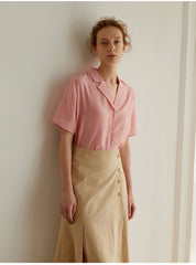 Short Sleeve Button-Down Linen Blouse with Relaxed Fit and Notched Collar for Women