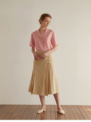 Short Sleeve Button-Down Linen Blouse with Relaxed Fit and Notched Collar for Women