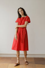 Elegant Square Neck Midi Linen Dress with Waist Tie and Short Sleeves for Women
