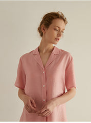 Short Sleeve Button-Down Linen Blouse with Relaxed Fit and Notched Collar for Women