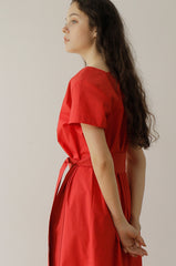 Elegant Square Neck Midi Linen Dress with Waist Tie and Short Sleeves for Women