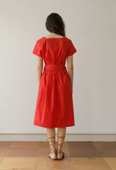 Elegant Square Neck Midi Linen Dress with Waist Tie and Short Sleeves for Women