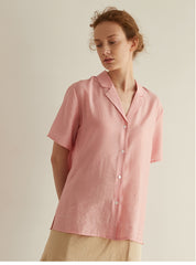 Short Sleeve Button-Down Linen Blouse with Relaxed Fit and Notched Collar for Women
