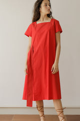 Elegant Square Neck Midi Linen Dress with Waist Tie and Short Sleeves for Women