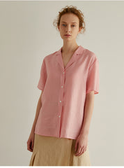 Short Sleeve Button-Down Linen Blouse with Relaxed Fit and Notched Collar for Women