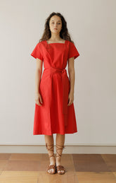 Elegant Square Neck Midi Linen Dress with Waist Tie and Short Sleeves for Women