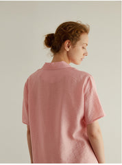 Short Sleeve Button-Down Linen Blouse with Relaxed Fit and Notched Collar for Women