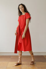 Elegant Square Neck Midi Linen Dress with Waist Tie and Short Sleeves for Women