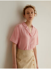 Short Sleeve Button-Down Linen Blouse with Relaxed Fit and Notched Collar for Women
