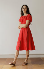 Elegant Square Neck Midi Linen Dress with Waist Tie and Short Sleeves for Women