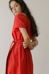 Elegant Square Neck Midi Linen Dress with Waist Tie and Short Sleeves for Women