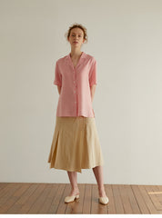 Short Sleeve Button-Down Linen Blouse with Relaxed Fit and Notched Collar for Women