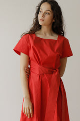Elegant Square Neck Midi Linen Dress with Waist Tie and Short Sleeves for Women
