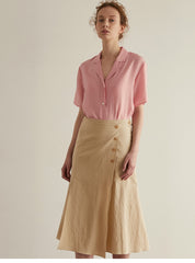 A-Line High-Waist Midi Skirt In Breathable Pure Linen With Front Slit And Button Detail