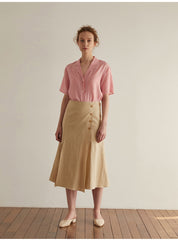 A-Line High-Waist Midi Skirt In Breathable Pure Linen With Front Slit And Button Detail