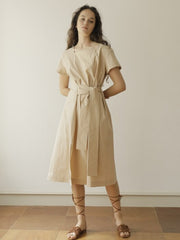 Loose Fit Square Neck Linen Midi Dress with Short Sleeves and Waist Tie for Women