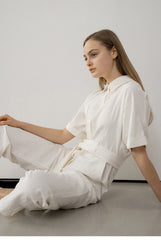 Tailored Belted Linen Jumpsuit with Short Sleeves and Pocket Detail for Effortless Chic