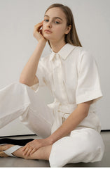 Tailored Belted Linen Jumpsuit with Short Sleeves and Pocket Detail for Effortless Chic