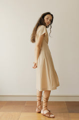 Loose Fit Square Neck Linen Midi Dress with Short Sleeves and Waist Tie for Women