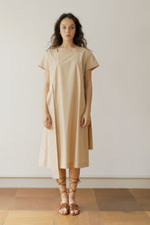 Loose Fit Square Neck Linen Midi Dress with Short Sleeves and Waist Tie for Women