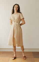 Loose Fit Square Neck Linen Midi Dress with Short Sleeves and Waist Tie for Women