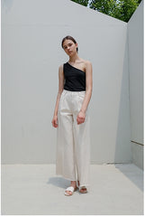 High-Waisted Wide-Leg Linen Pants for Women with Raw Hem and Tailored Fit