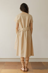 Loose Fit Square Neck Linen Midi Dress with Short Sleeves and Waist Tie for Women