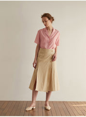 A-Line High-Waist Midi Skirt In Breathable Pure Linen With Front Slit And Button Detail