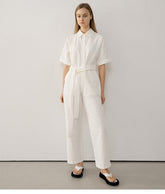Tailored Belted Linen Jumpsuit with Short Sleeves and Pocket Detail for Effortless Chic