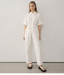 Tailored Belted Linen Jumpsuit with Short Sleeves and Pocket Detail for Effortless Chic