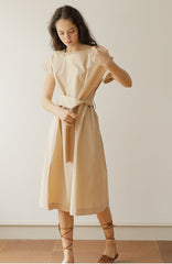 Loose Fit Square Neck Linen Midi Dress with Short Sleeves and Waist Tie for Women