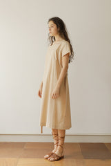 Loose Fit Square Neck Linen Midi Dress with Short Sleeves and Waist Tie for Women