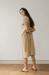 Loose Fit Square Neck Linen Midi Dress with Short Sleeves and Waist Tie for Women