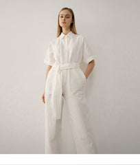Tailored Belted Linen Jumpsuit with Short Sleeves and Pocket Detail for Effortless Chic