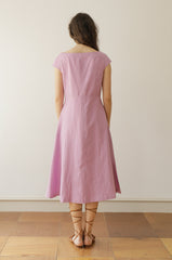 Cap Sleeve Linen Midi Dress with Wide Boat Neckline and Button-Front Detail for Women