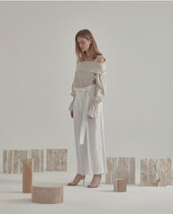 Round-Neck Linen Blouse With Three-Quarter Sleeves and Back Keyhole Detail