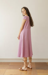 Cap Sleeve Linen Midi Dress with Wide Boat Neckline and Button-Front Detail for Women