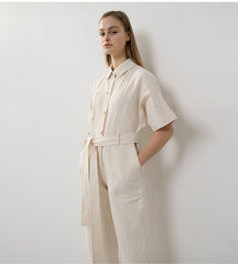 Chic Short Sleeve Belted Linen Jumpsuit for Women – Lightweight Tailored One-Piece Suit