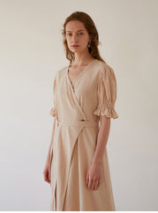 Elegant Wrap-Front Midi Dress In Breathable Premium Linen With Gathered Puff Sleeves