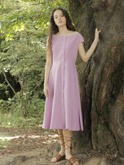 Cap Sleeve Linen Midi Dress with Wide Boat Neckline and Button-Front Detail for Women