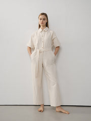 Chic Short Sleeve Belted Linen Jumpsuit for Women – Lightweight Tailored One-Piece Suit