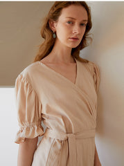 Elegant Wrap-Front Midi Dress In Breathable Premium Linen With Gathered Puff Sleeves