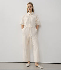 Chic Short Sleeve Belted Linen Jumpsuit for Women – Lightweight Tailored One-Piece Suit
