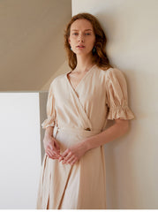 Elegant Wrap-Front Midi Dress In Breathable Premium Linen With Gathered Puff Sleeves