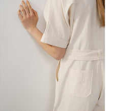 Chic Short Sleeve Belted Linen Jumpsuit for Women – Lightweight Tailored One-Piece Suit