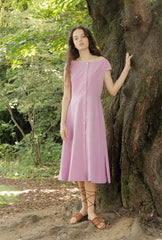 Cap Sleeve Linen Midi Dress with Wide Boat Neckline and Button-Front Detail for Women