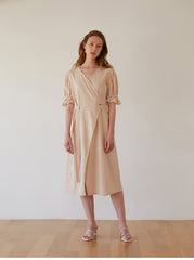 Elegant Wrap-Front Midi Dress In Breathable Premium Linen With Gathered Puff Sleeves