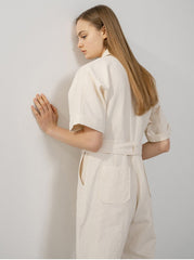 Chic Short Sleeve Belted Linen Jumpsuit for Women – Lightweight Tailored One-Piece Suit