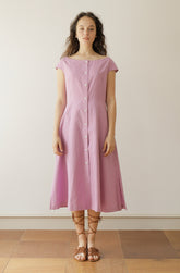 Cap Sleeve Linen Midi Dress with Wide Boat Neckline and Button-Front Detail for Women